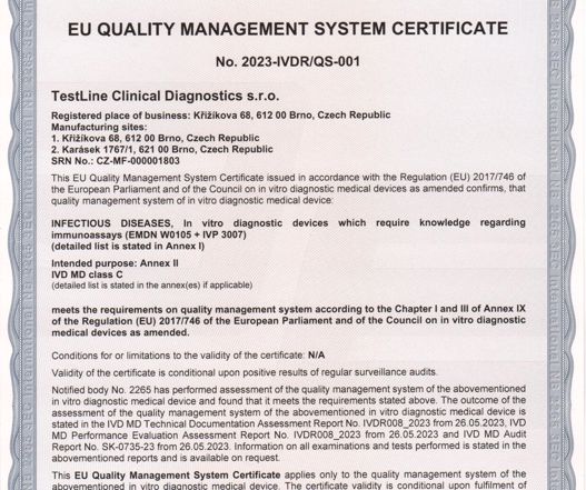 TestLine Clinical Diagnostics receives the first IVDR Certification for CLIA and MBA