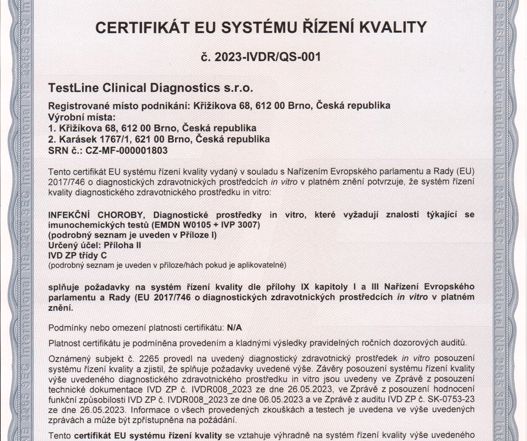 TestLine Clinical Diagnostics získává první IVDR certifikáty pro produkty CLIA a MBA